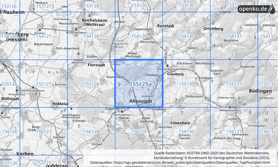 Übersichtskarte des KOSTRA-DWD-2020-Rasterfeldes Nr. 155129
