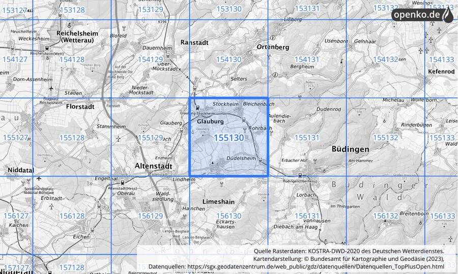 Übersichtskarte des KOSTRA-DWD-2020-Rasterfeldes Nr. 155130