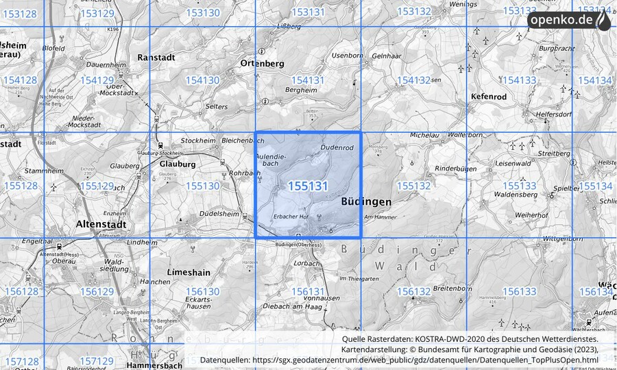 Übersichtskarte des KOSTRA-DWD-2020-Rasterfeldes Nr. 155131