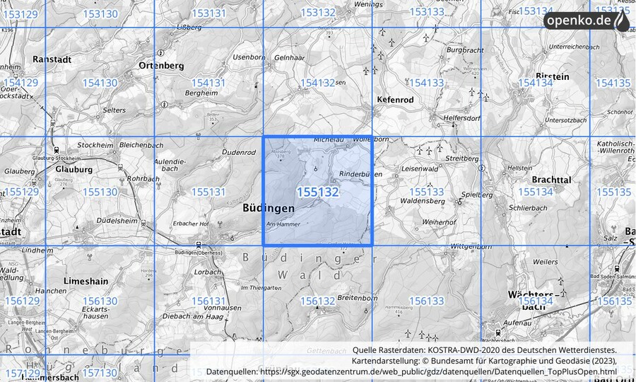Übersichtskarte des KOSTRA-DWD-2020-Rasterfeldes Nr. 155132