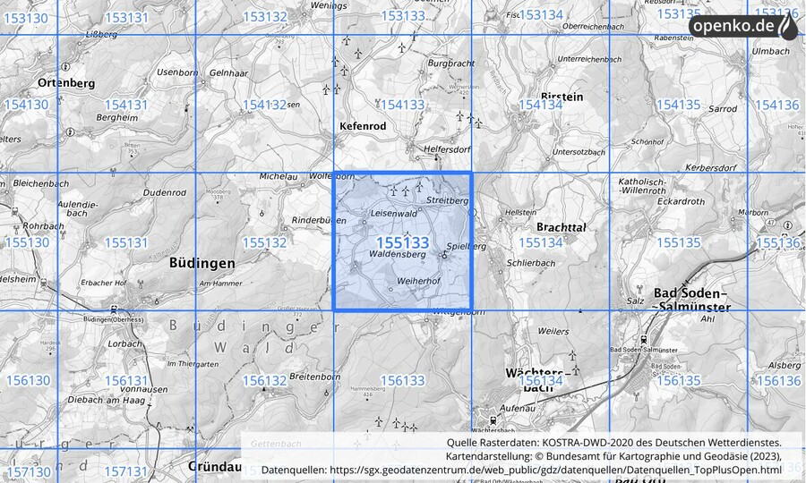 Übersichtskarte des KOSTRA-DWD-2020-Rasterfeldes Nr. 155133
