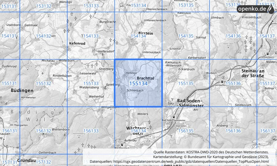 Übersichtskarte des KOSTRA-DWD-2020-Rasterfeldes Nr. 155134