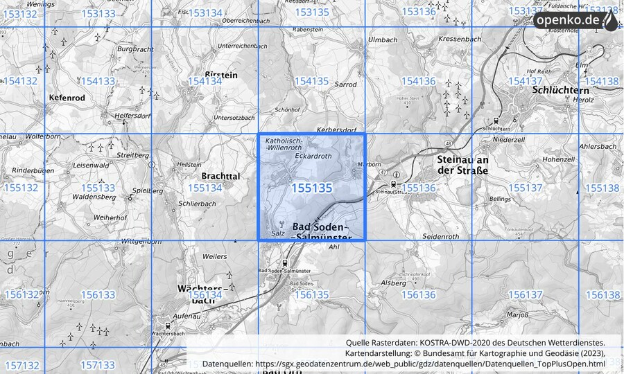 Übersichtskarte des KOSTRA-DWD-2020-Rasterfeldes Nr. 155135