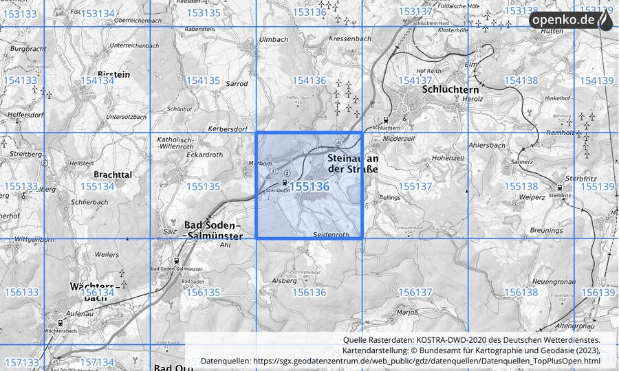 Übersichtskarte des KOSTRA-DWD-2020-Rasterfeldes Nr. 155136