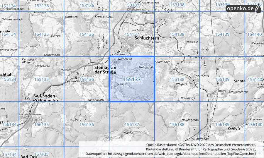Übersichtskarte des KOSTRA-DWD-2020-Rasterfeldes Nr. 155137
