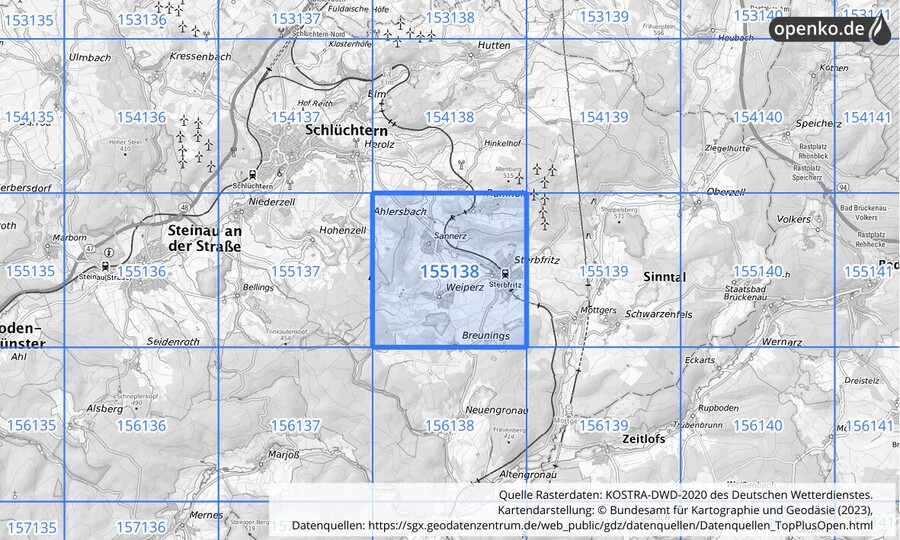 Übersichtskarte des KOSTRA-DWD-2020-Rasterfeldes Nr. 155138