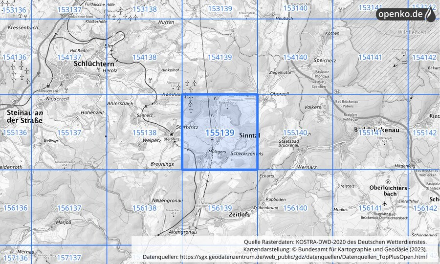 Übersichtskarte des KOSTRA-DWD-2020-Rasterfeldes Nr. 155139