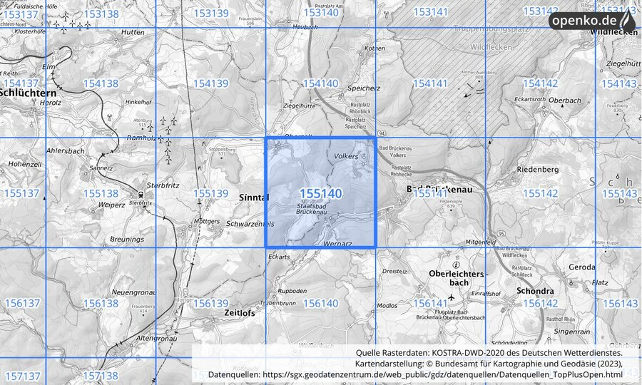 Übersichtskarte des KOSTRA-DWD-2020-Rasterfeldes Nr. 155140