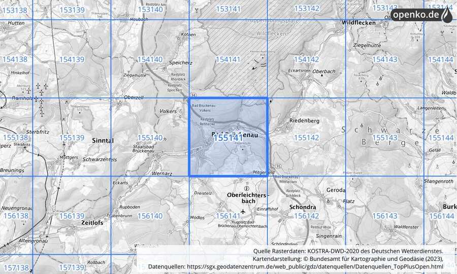 Übersichtskarte des KOSTRA-DWD-2020-Rasterfeldes Nr. 155141