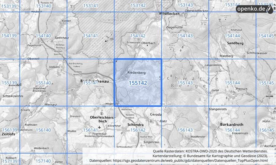 Übersichtskarte des KOSTRA-DWD-2020-Rasterfeldes Nr. 155142