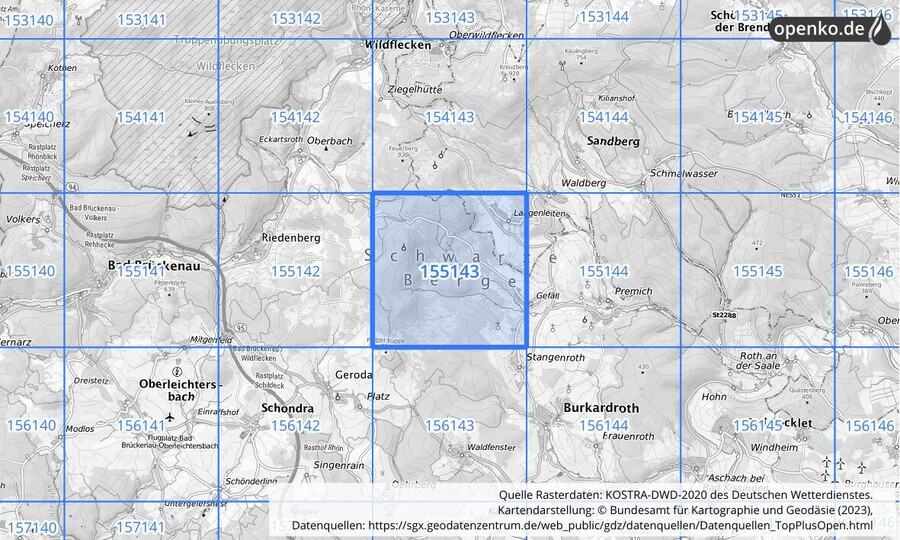 Übersichtskarte des KOSTRA-DWD-2020-Rasterfeldes Nr. 155143