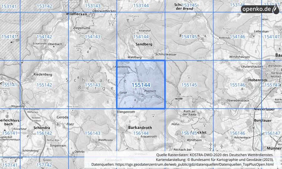 Übersichtskarte des KOSTRA-DWD-2020-Rasterfeldes Nr. 155144