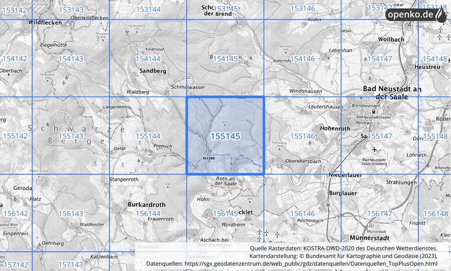 Übersichtskarte des KOSTRA-DWD-2020-Rasterfeldes Nr. 155145