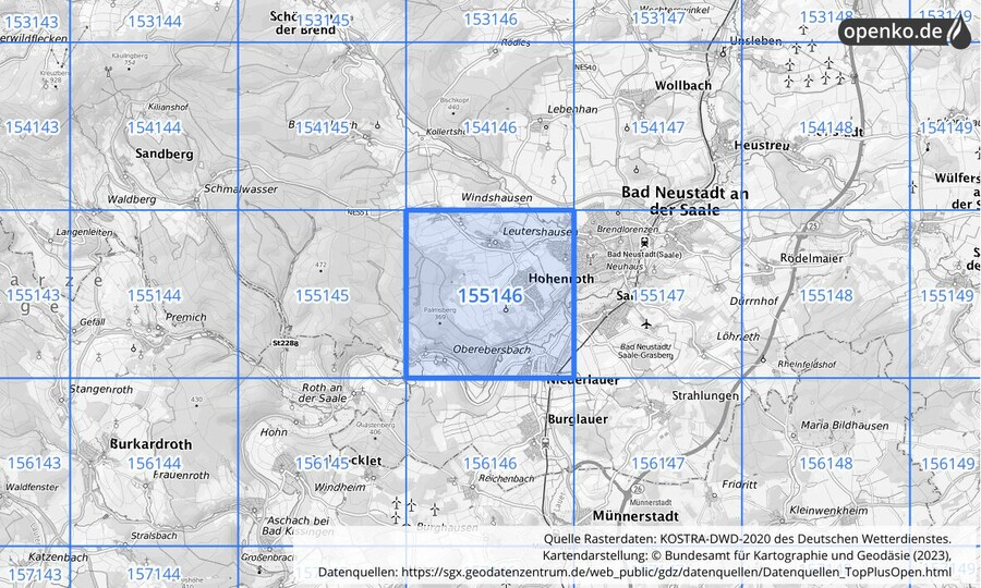 Übersichtskarte des KOSTRA-DWD-2020-Rasterfeldes Nr. 155146