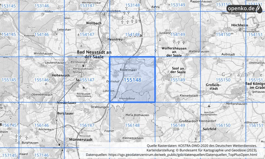 Übersichtskarte des KOSTRA-DWD-2020-Rasterfeldes Nr. 155148