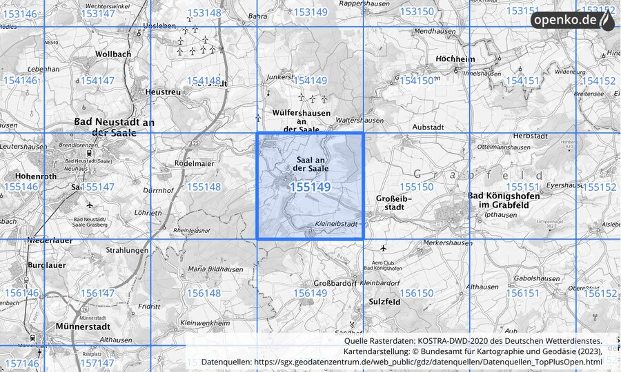 Übersichtskarte des KOSTRA-DWD-2020-Rasterfeldes Nr. 155149