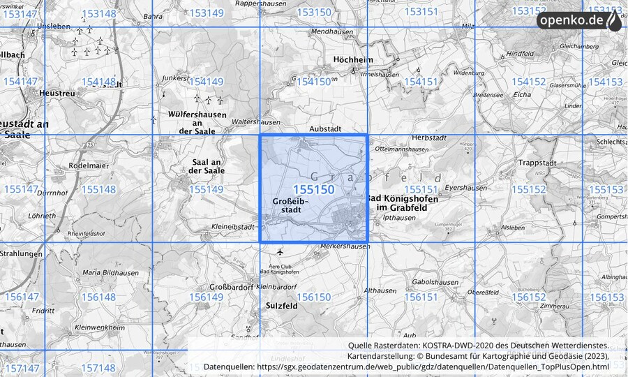 Übersichtskarte des KOSTRA-DWD-2020-Rasterfeldes Nr. 155150