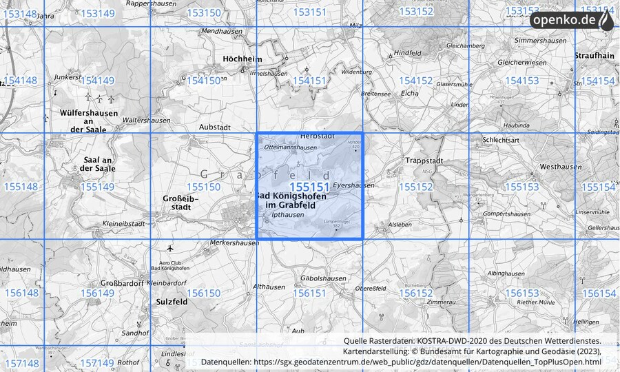 Übersichtskarte des KOSTRA-DWD-2020-Rasterfeldes Nr. 155151