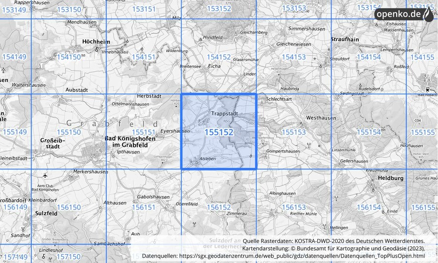 Übersichtskarte des KOSTRA-DWD-2020-Rasterfeldes Nr. 155152