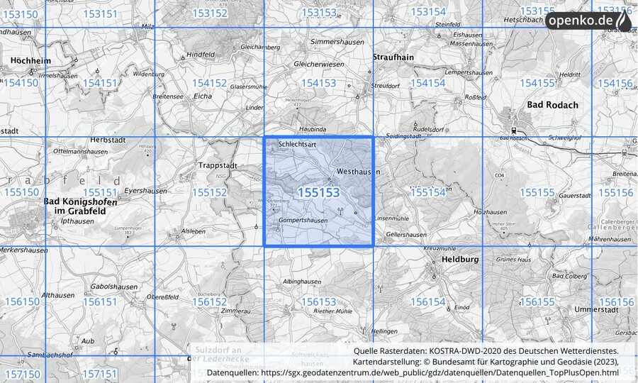 Übersichtskarte des KOSTRA-DWD-2020-Rasterfeldes Nr. 155153