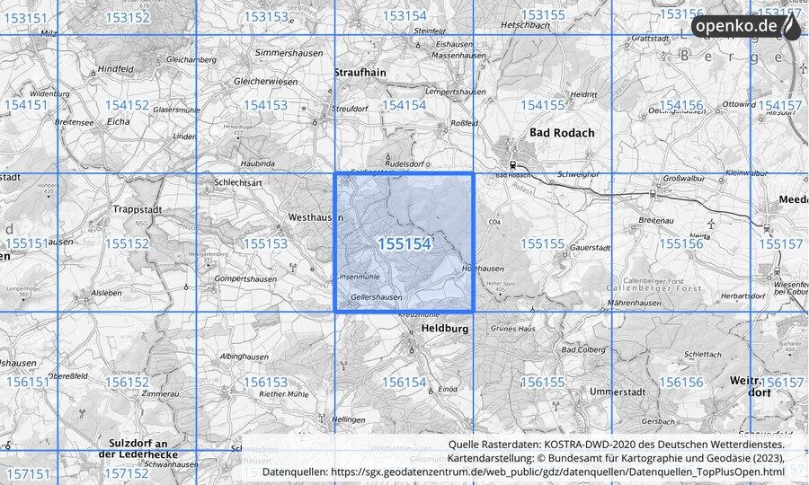 Übersichtskarte des KOSTRA-DWD-2020-Rasterfeldes Nr. 155154