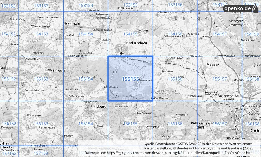 Übersichtskarte des KOSTRA-DWD-2020-Rasterfeldes Nr. 155155