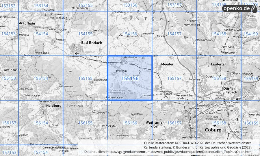 Übersichtskarte des KOSTRA-DWD-2020-Rasterfeldes Nr. 155156