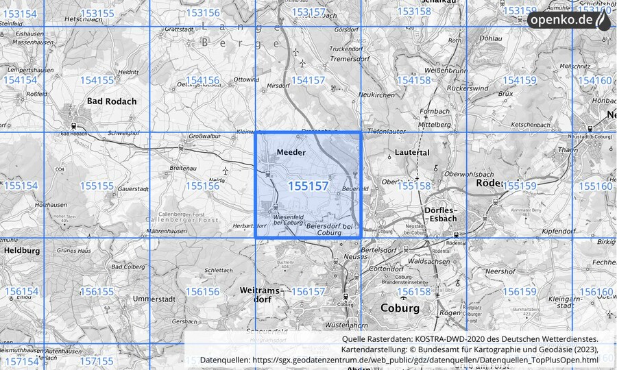 Übersichtskarte des KOSTRA-DWD-2020-Rasterfeldes Nr. 155157