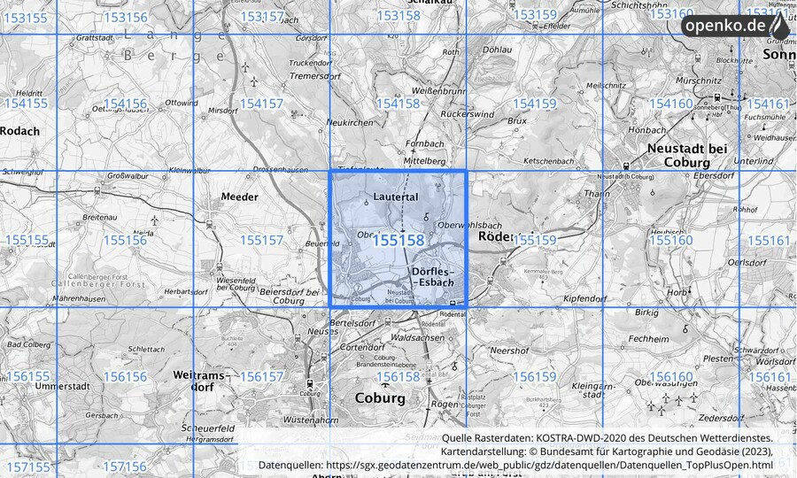 Übersichtskarte des KOSTRA-DWD-2020-Rasterfeldes Nr. 155158