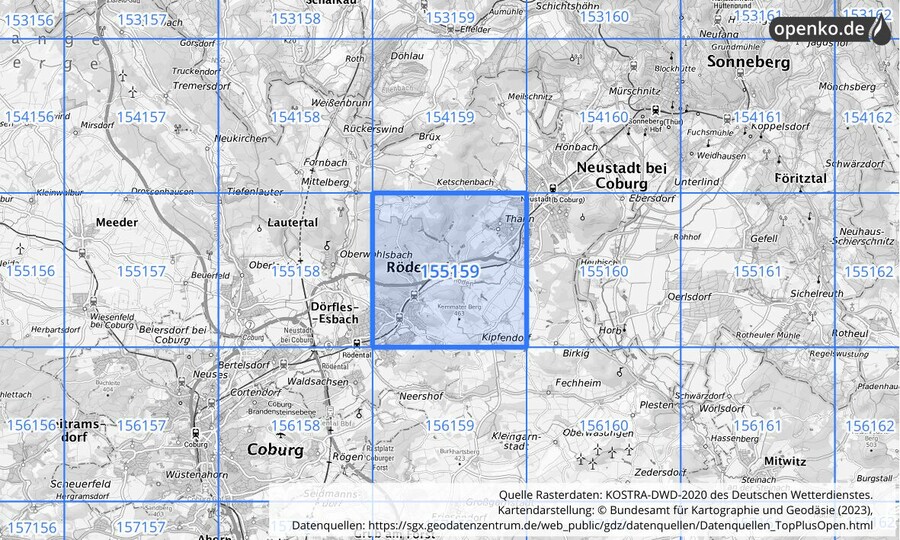 Übersichtskarte des KOSTRA-DWD-2020-Rasterfeldes Nr. 155159