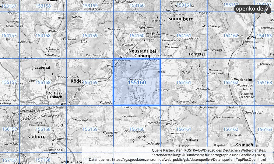 Übersichtskarte des KOSTRA-DWD-2020-Rasterfeldes Nr. 155160