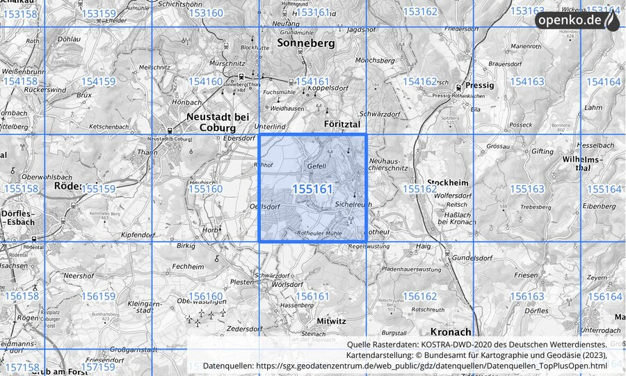 Übersichtskarte des KOSTRA-DWD-2020-Rasterfeldes Nr. 155161