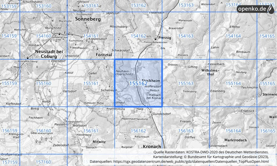 Übersichtskarte des KOSTRA-DWD-2020-Rasterfeldes Nr. 155162