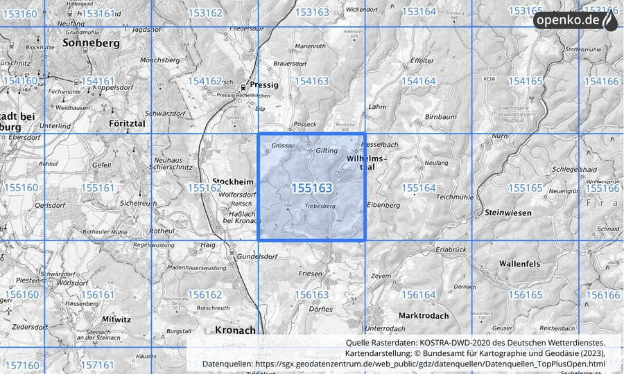 Übersichtskarte des KOSTRA-DWD-2020-Rasterfeldes Nr. 155163