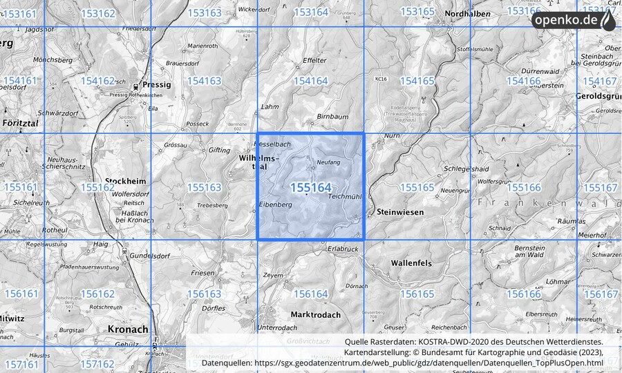 Übersichtskarte des KOSTRA-DWD-2020-Rasterfeldes Nr. 155164