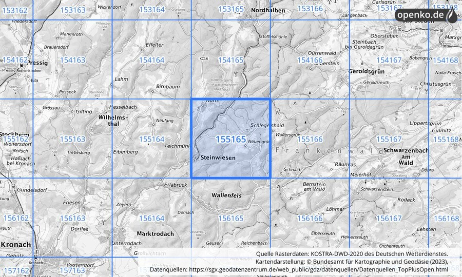 Übersichtskarte des KOSTRA-DWD-2020-Rasterfeldes Nr. 155165