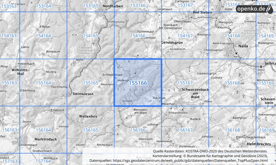 Übersichtskarte des KOSTRA-DWD-2020-Rasterfeldes Nr. 155166