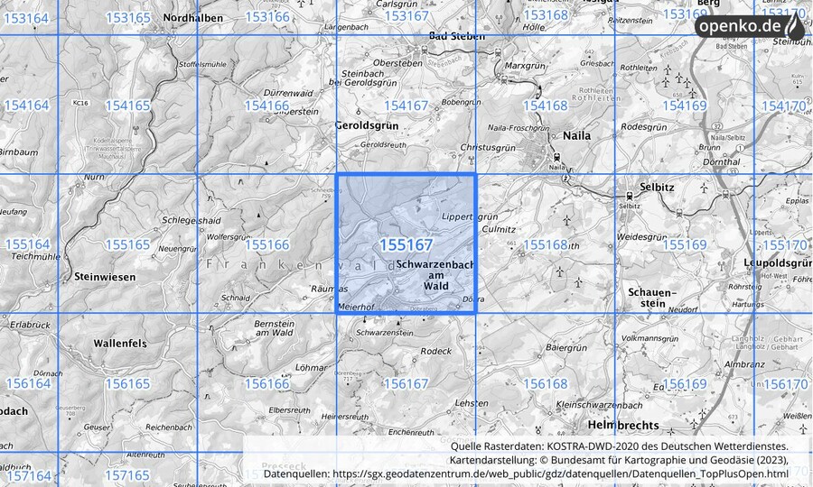 Übersichtskarte des KOSTRA-DWD-2020-Rasterfeldes Nr. 155167