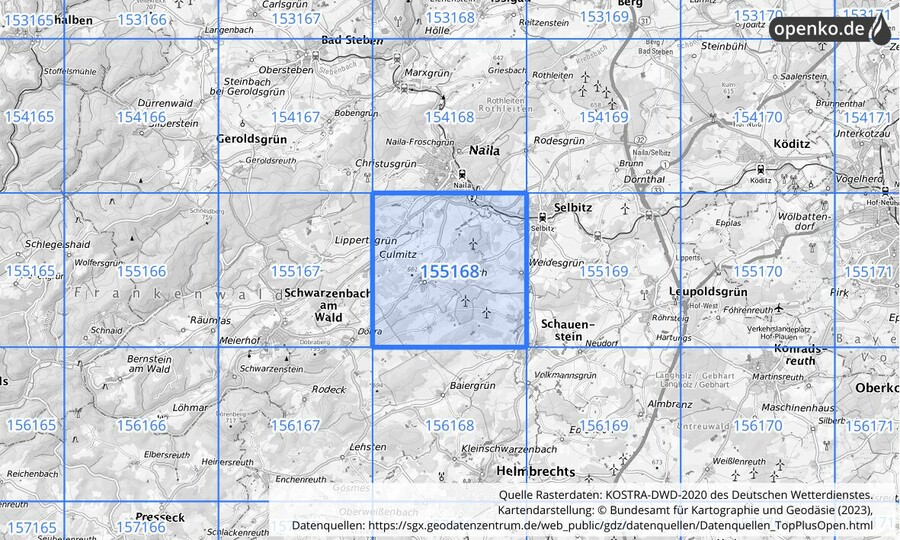 Übersichtskarte des KOSTRA-DWD-2020-Rasterfeldes Nr. 155168