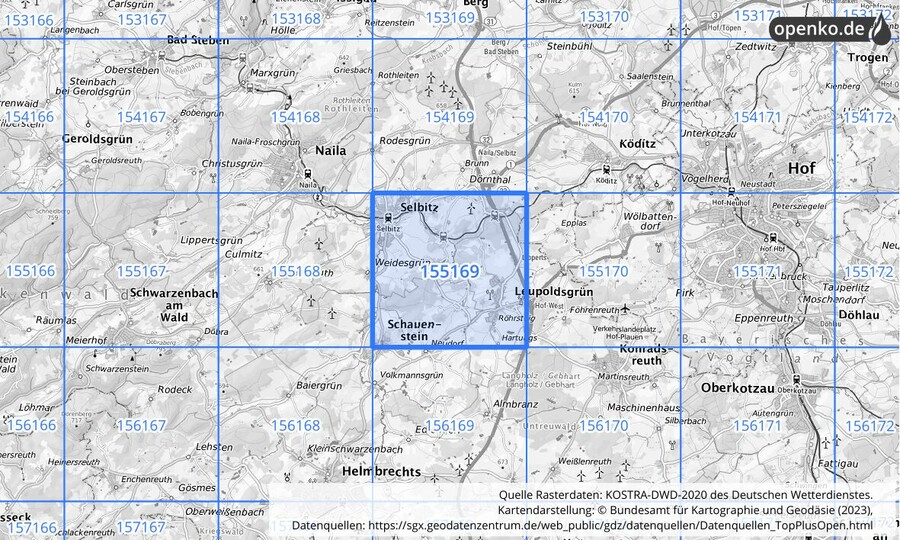 Übersichtskarte des KOSTRA-DWD-2020-Rasterfeldes Nr. 155169