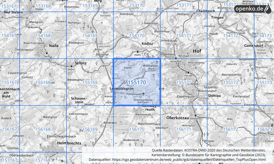 Übersichtskarte des KOSTRA-DWD-2020-Rasterfeldes Nr. 155170