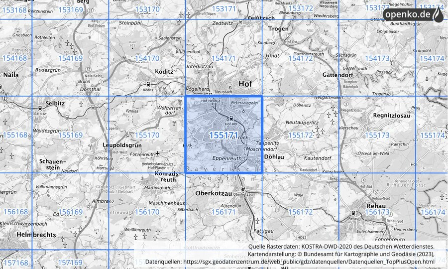 Übersichtskarte des KOSTRA-DWD-2020-Rasterfeldes Nr. 155171