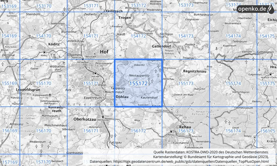 Übersichtskarte des KOSTRA-DWD-2020-Rasterfeldes Nr. 155172