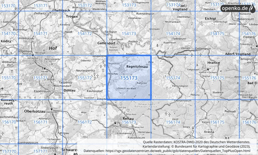 Übersichtskarte des KOSTRA-DWD-2020-Rasterfeldes Nr. 155173