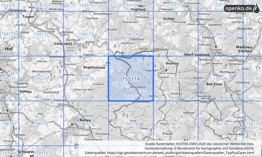 Übersichtskarte des KOSTRA-DWD-2020-Rasterfeldes Nr. 155174