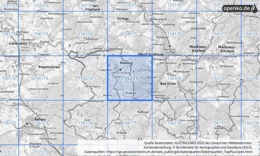 Übersichtskarte des KOSTRA-DWD-2020-Rasterfeldes Nr. 155175