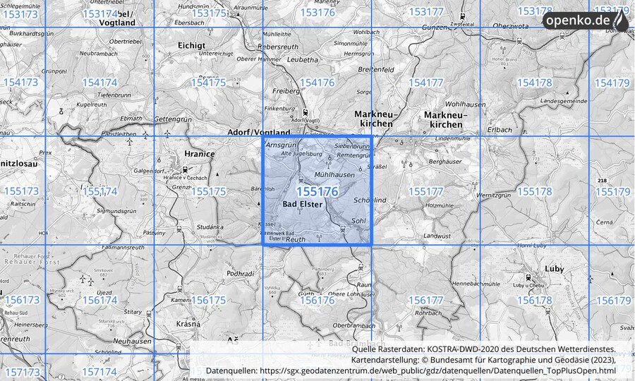Übersichtskarte des KOSTRA-DWD-2020-Rasterfeldes Nr. 155176