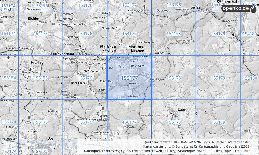 Übersichtskarte des KOSTRA-DWD-2020-Rasterfeldes Nr. 155177