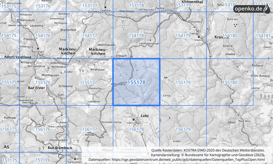 Übersichtskarte des KOSTRA-DWD-2020-Rasterfeldes Nr. 155178