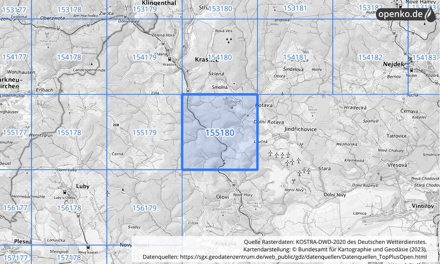 Übersichtskarte des KOSTRA-DWD-2020-Rasterfeldes Nr. 155180